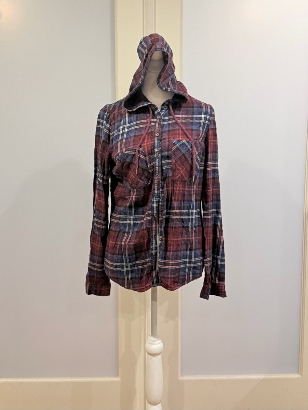 Maurices Hooded Plaid Button-Up  — Burgundy/Navy
